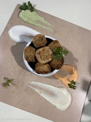 Nuggets de pollo con crema de morrón rojo, oliva, provenzal y lactonesa
